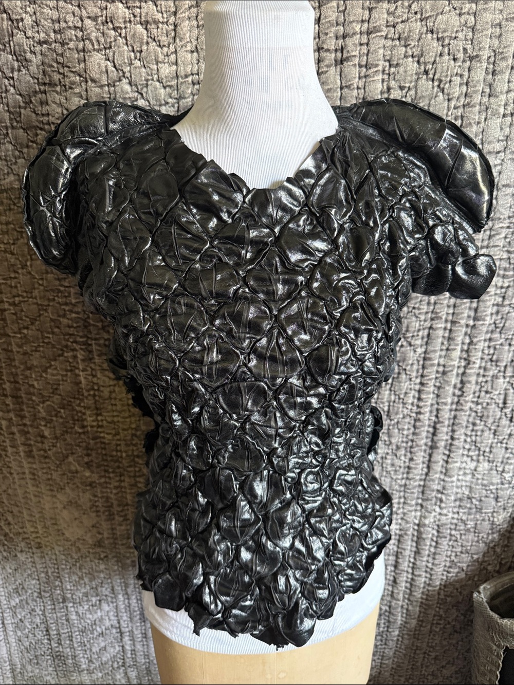 Black Textured Puff-Sleeve Women's Top 100%Real Leathet
